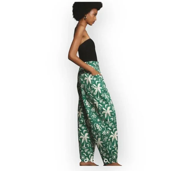 Anthropologie Corey Lynn Calter Green White Palm Print Paperbag Barrel Pants S/M - Picture 3 of 15
